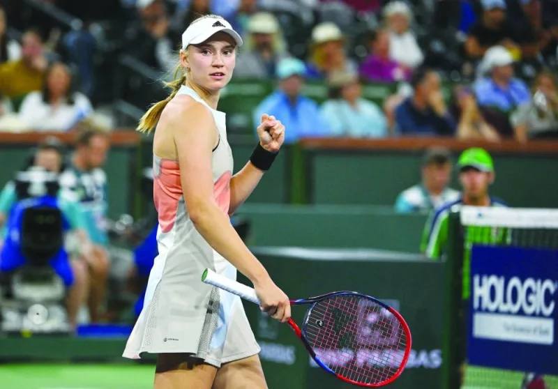 Elena Rybakina of Kazakhstan reacts after match point as she defeated Iga Swiatek of Poland in the semi-final of the BNP Paribas Open at the Indian Wells Tennis Garden. (USA TODAY Sports)