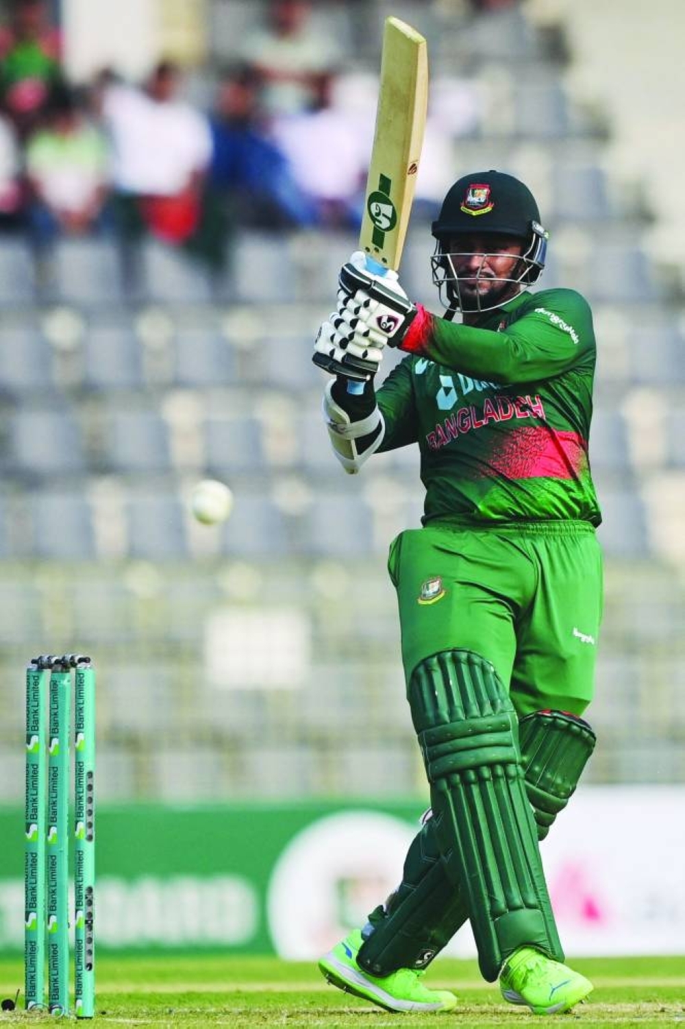 Bangladesh’s Shakib Al Hasan plays a shot during the first one-day international (ODI) against Ireland at the Sylhet International Cricket Stadium in Sylhet yesterday. (AFP)