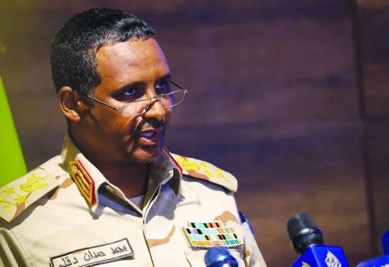 Deputy head of Sudan’s sovereign council General Mohamed Hamdan Dagalo speaks during a press conference at Rapid Support Forces head quarter in Khartoum in February. (Reuters)