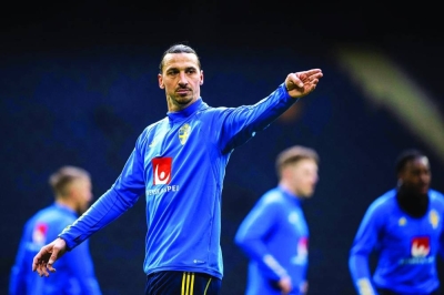 Sweden’s forward Zlatan Ibrahimovic attends a training session in Solna yesterday, ahead to the Euro qualifier against Belgium to be played on Friday. (AFP)