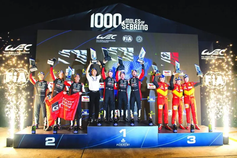 Podium ceremony after the opening round of the 2023 FIA World Endurance Championship (WEC). After an exciting race-long battle at the front, World Champions and 2022 Le Mans winners Sebastien Buemi, Brendon Hartley, and Ryo Hirakawa completed a perfect result for TGR. 