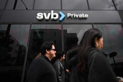 The SVB Private logo is displayed outside of a Silicon Valley Bank branch in Santa Monica, California on Monday. (AFP)