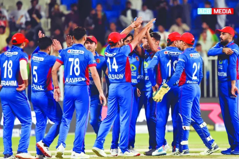 Afghanistan players celebrate a Pakistani wicket during their first Twenty20 international in Sharjah Cricket Stadium in the UAE yesterday. (@ACBofficials) 