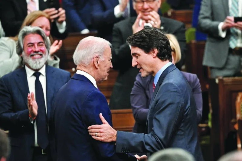 US President Joe Biden and Canadian Prime Minister Justin Trudeau at the Canadian Parliament in Ottawa.