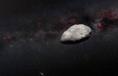 A handout artist’s impression released on March 24, 2023 by the European Space Agency (ESA) shows a grey, irregularly-shaped asteroid, rocky objects that often pass safely past Earth. (AFP PHOTO /  HANDOUT / EUROPEAN SPACE AGENCY)