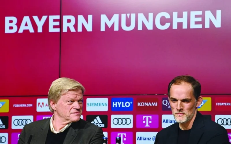 Bayern Munich’s new coach Thomas Tuchel (right) and the club’s CEO Oliver Kahn attend a press conference in Munich on Saturday. (AFP)