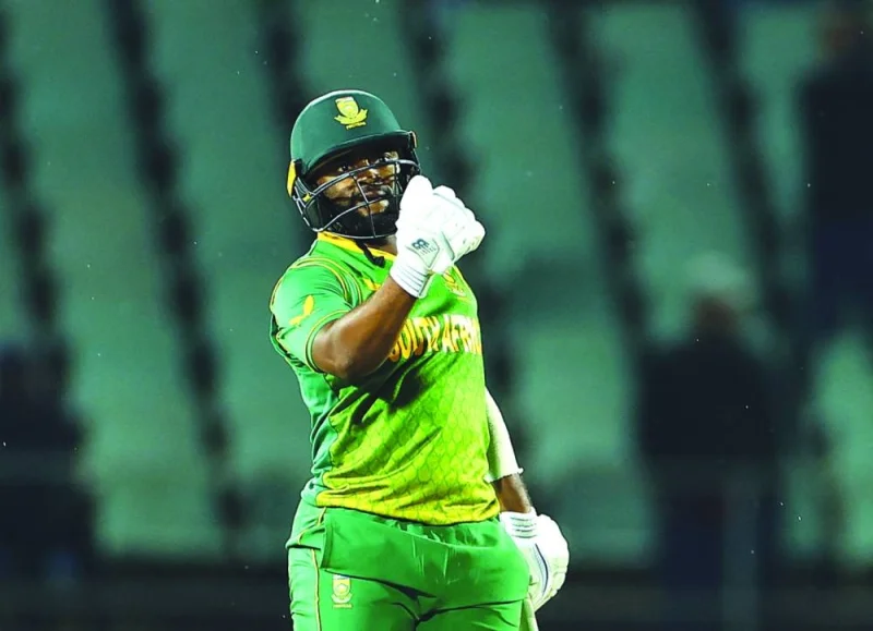 South Africa’s Temba Bavuma celebrates after they won the match against Netherlands in the second One Day International at Willowmoore Park, Benoni, South Africa, on Friday. (Reuters)