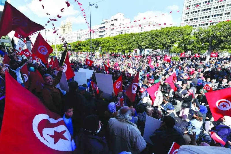 
Tunisian demonstrators attend a rally against President Kais Saied, called for by the opposition “National Salvation Front” coalition, in the capital Tunis, yesterday.