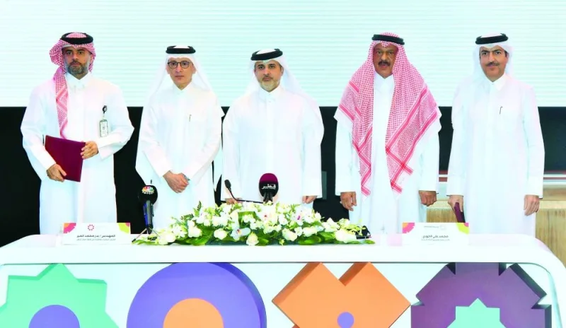 HE the Minister of Municipality Dr Abdullah bin Abdulaziz bin Turki al-Subaie is flanked by HIA chief operating officer engineer Badr Mohamed al-Meer, Qatar Airways Group CEO HE Akbar al-Baker, Expo 2023 Doha Commissioner General ambassador Bader al-Dafa, and Expo 2023 Doha Secretary General Mohamed Ali al-Khouri at the agreements signing ceremony on Thursday. PICTURE: Thajudheen.