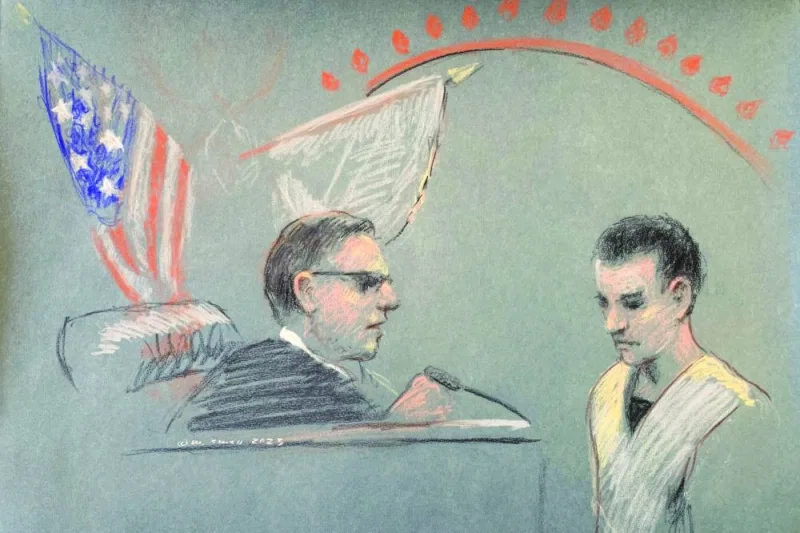 This courtroom sketch shows Teixeira making his initial appearance before a federal judge in Boston, Massachusetts.
