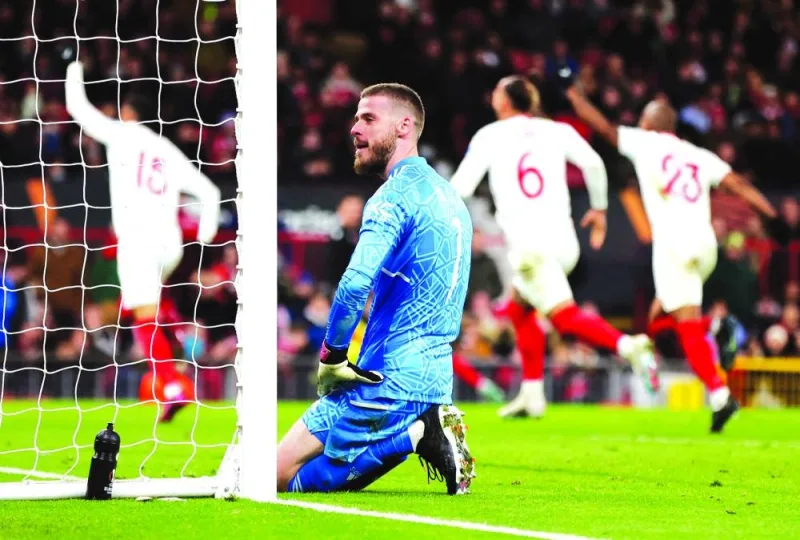 Manchester United’s David de Gea reacts after Harry Maguire scores an own goal against Sevilla. (Reuters)