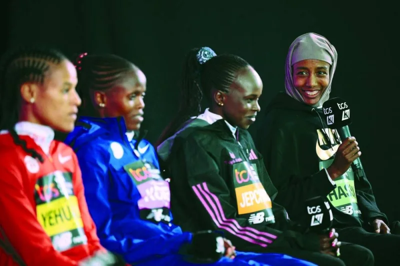 Netherlands’ Sifan Hassan (right) speaks during the international elite women’s press conference in London yesterday, ahead of the London marathon. (AFP)