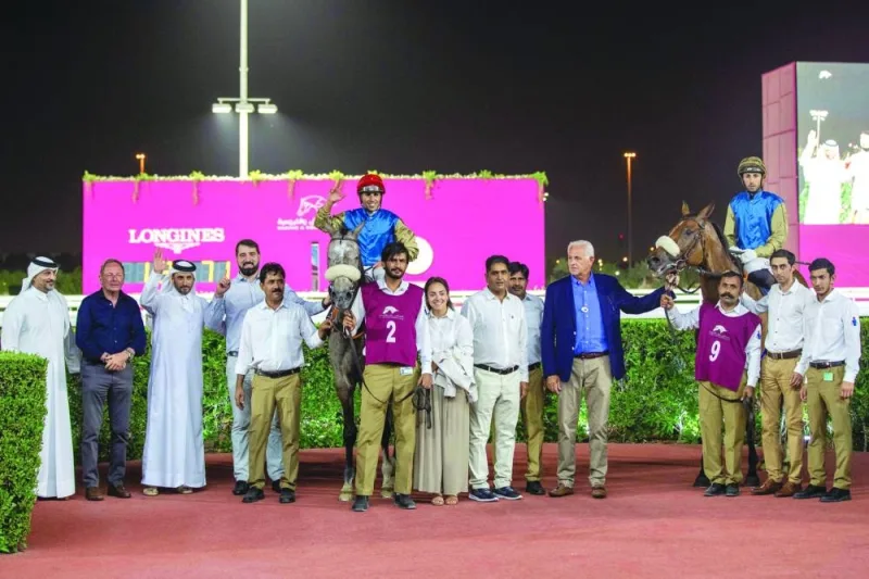 The connections of Wathnan Racing celebrate after Band Width won the End Of Season at the Al Rayyan Racecourse on Monday. PICTURES: Juhaim
