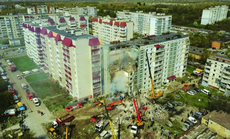 An aerial view shows a residential building heavily damaged by a Russian missile strike, in the town of Uman, in Ukraine’s Cherkasy region. (Reuters)