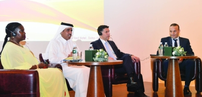 The panel featured Sheikh Ahmed Eid al-Thani, QFIU head; Xolisile Khanyile, chair of the Egmont Group of Financial Intelligence Units and director of the Financial Intelligence Centre of South Africa; Jerome Beaumont, executive secretary of Egmont Group; and Riadh al-Fayech, chief Financial Crime Compliance and Governance at QNB. PICTURE: Shaji Kayamkulam