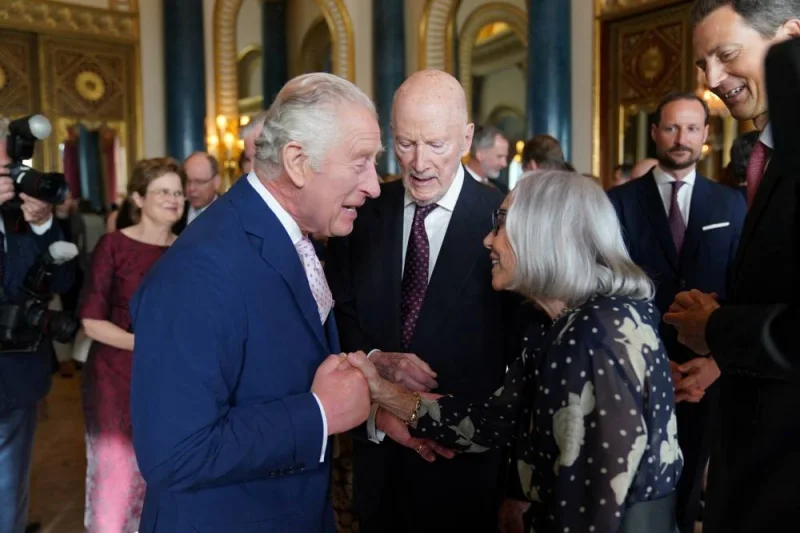 Britain&#039;s King Charles speaks to guests during a reception for overseas guests attending his coronation at Buckingham Palace in London, Britain. Jacob King/Pool via REUTERS