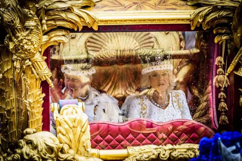 Britain&#039;s King Charles III and Britain&#039;s Queen Camilla begin their journey in the Gold State Coach, in the &#039;King&#039;s Procession&#039;, a journey of two kilometres from Buckingham Palace to Westminster Abbey in central London on May 6, 2023, ahead of their coronations. - The set-piece coronation is the first in Britain in 70 years, and only the second in history to be televised. Charles will be the 40th reigning monarch to be crowned at the central London church since King William I in 1066. Outside the UK, he is also king of 14 other Commonwealth countries, including Australia, Canada and New Zealand. Camilla, his second wife, will be crowned queen alongside him and be known as Queen Camilla after the ceremony. AFP