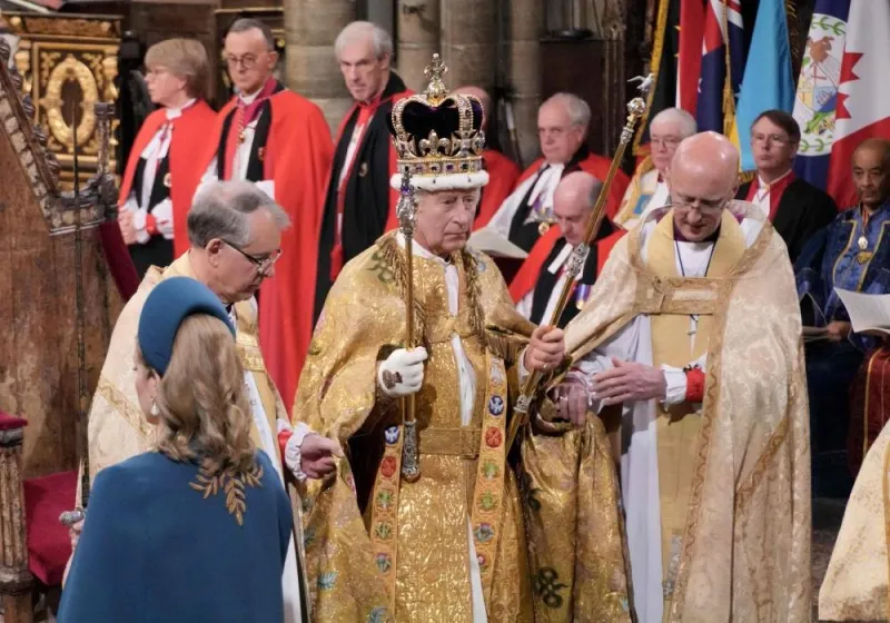 Britain&#039;s King Charles III with the St Edward&#039;s Crown on his head attends the Coronation Ceremony inside Westminster Abbey. AFP