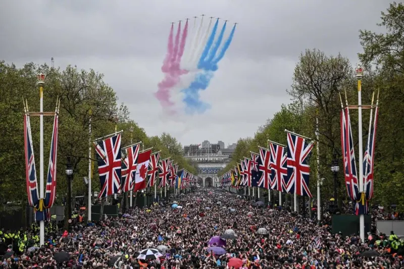 The British Royal Air Force&#039;s (RAF) aerobatic team, the "Red Arrows", perform a fly-past over The Mall in central London on May 6, 2023, after the coronations of Britain&#039;s King Charles III and Britain&#039;s Queen Camilla. AFP