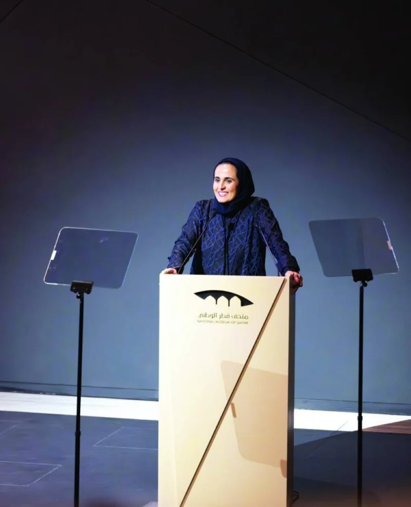 QM chairperson HE Sheikha Al Mayassa bint Hamad bin Khalifa al-Thani speaks at the opening of the Intercom Doha 2023 conference Sunday at NMoQ. PICTURE: QM