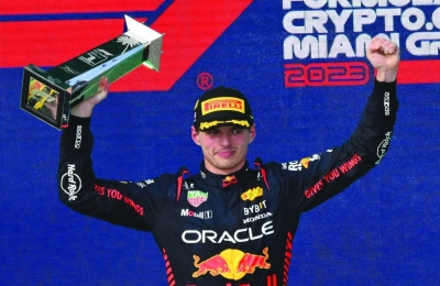 Red Bull Racing’s Dutch driver Max Verstappen celebrates on the podium after winning the Miami Grand Prix. (AFP) Red Bull Racing’s Dutch driver Max Verstappen celebrates on the podium after winning the Miami Grand Prix. (AFP)