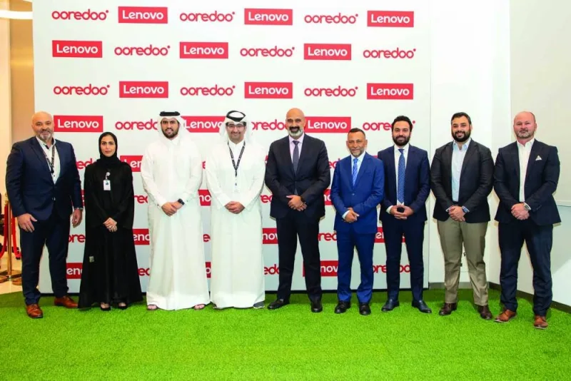 Ooredoo chief business officer Thani Ali al-Malki and Lenovo Infrastructure Solutions Group, META, general manager Alaa Bawab are joined by senior executives from both sides, including Ooredoo Qatar CEO Sheikh Ali bin Jabor bin Mohamed al-Thani.