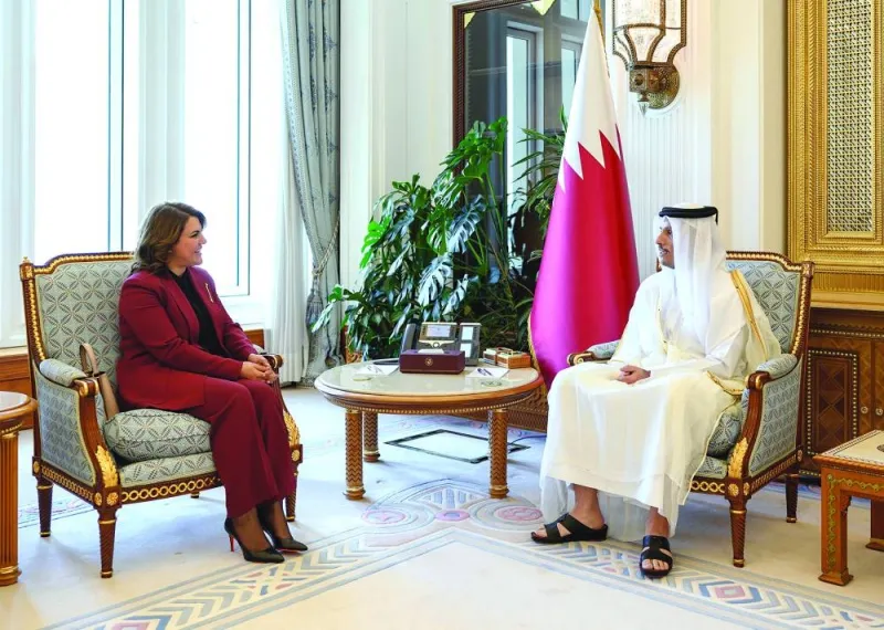 HE the Prime Minister and Minister of Foreign Affairs Sheikh Mohamed bin Abdulrahman bin Jassim al-Thani meets with Minister of Foreign Affairs of the State of Libya Najla El Mangoush.