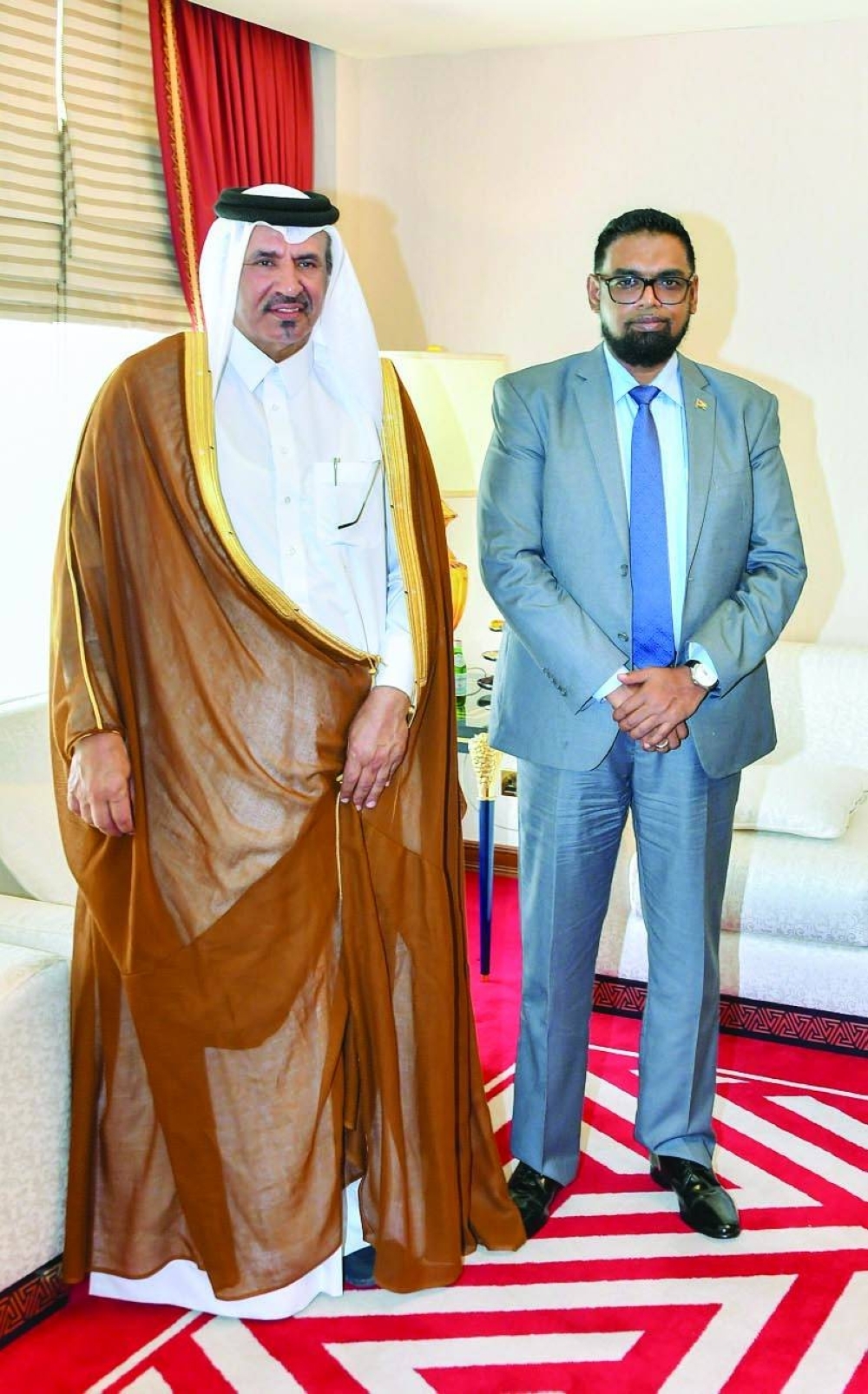 Qatar Chamber first vice-chairman Mohamed bin Towar al-Kuwari and Guyana’s president, Dr Mohamed Irfaan Ali, during a meeting in Doha.