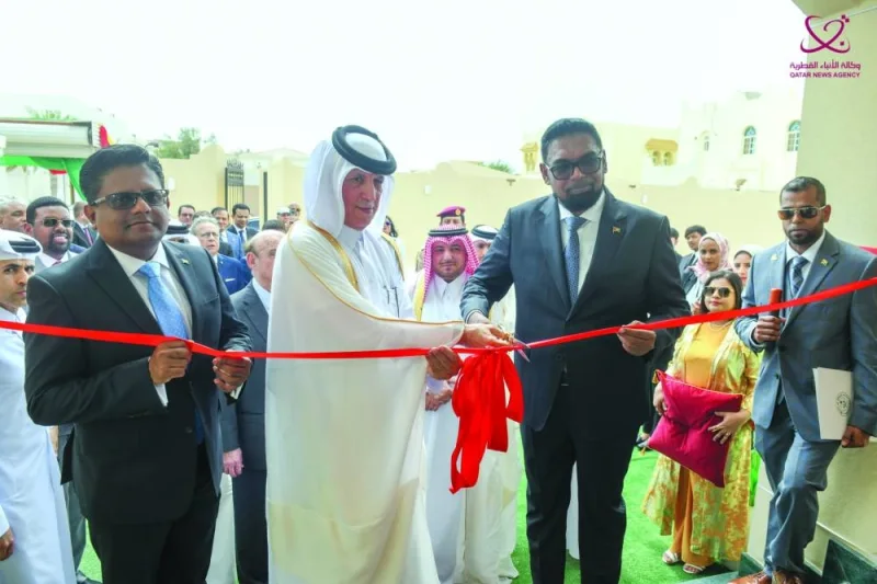 The President of Guyana, Dr Mohamed Irfaan Ali, and HE the Minister of State for Foreign Affairs Sultan bin Saad al-Muraikhi cut the ribbon to announce the opening of the embassy.