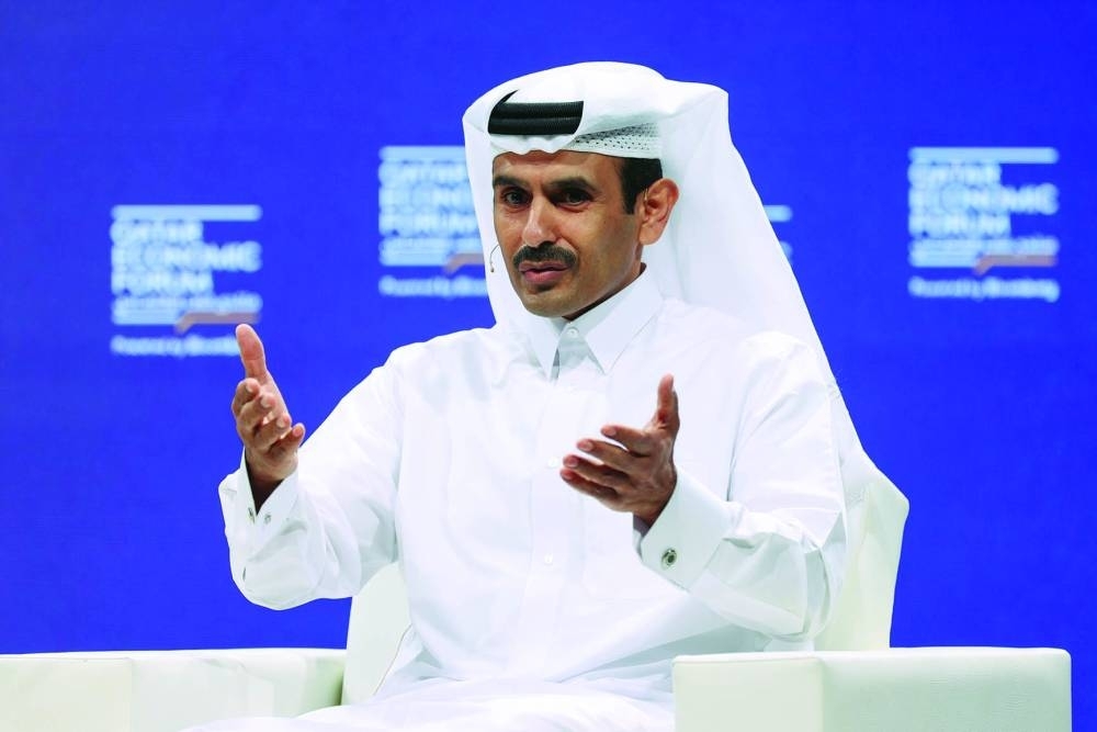 HE the Minister of State for Energy Affairs Saad bin Sherida al-Kaabi speaks during a panel session at the Qatar Economic Forum 2023 in Doha Tuesday.