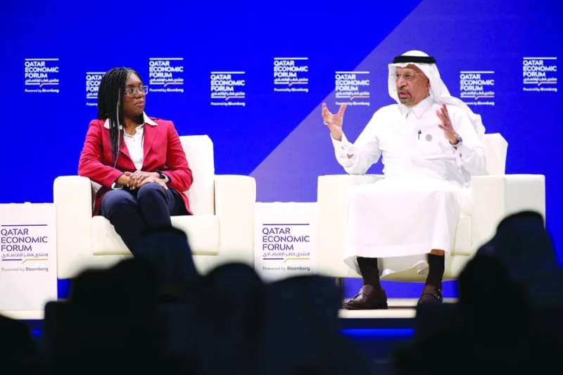 From left: Kemi Badenoch, UK International Trade Secretary, and Khalid al-Falih, Saudi Arabia&#039;s Minister of Investment, during a panel session at the Qatar Economic Forum in Doha Tuesday.