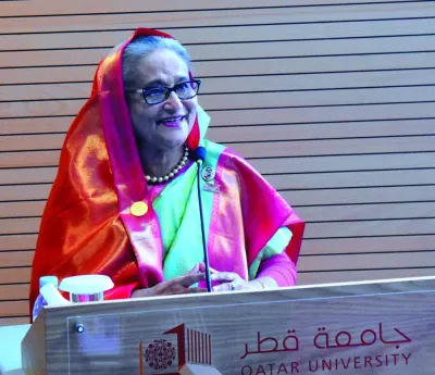 Bangladesh PM Sheikh Hasina addressing the seminar Tuesday.