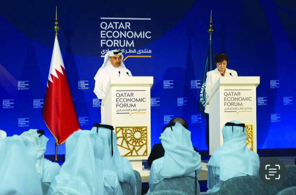 HE the Minister of Finance Ali bin Ahmed al-Kuwari and IMF managing director Kristalina Georgieva on the sidelines of Qatar Economic Forum yesterday where it was announced that Qatar pledged 20% of its Special Drawing Rights (SDR) holdings towards International Monetary Fund’s Poverty Reduction and Growth Trust (PRGT) and Resilience Support Trust (RST) mechanisms for financial support.