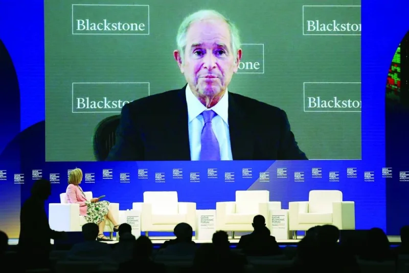 Stephen Schwarzman, chief executive officer of Blackstone Group, appears via video link on day two of the Qatar Economic Forum in Doha, Wednesday.