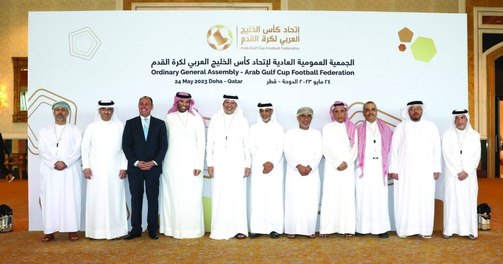 Arabian Gulf Cup Football Federation (AGCFF) President Sheikh Hamad bin Khalifa bin Ahmed al-Thani and Secretary-General Jassim al-Rumahi are seen with representatives of the regional body on Wednesday.