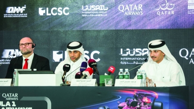 From Left: Senior Vice-President of Discover Qatar Steven Reynolds, Executive Director of the Qatar Motor & Motorcycle Federation and CEO of Lusail International Circuit  Amro al-Hamad and Head of the Northern Areas Projects Section at the Roads Projects Department in Ashghal engineer Hamad al-Bader at a press conference on Wednesday.