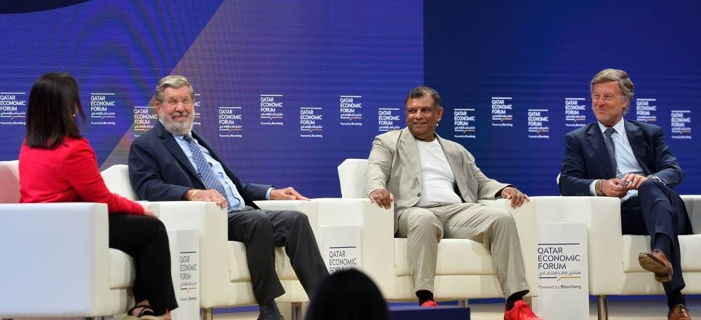 (From left) Mallika Kapur with William Ellwood Heinecke, Tan Sri Tony Fernandes, and  Sebastien Bazin at the Qatar Economic Forum, discussing the role of AI in the travel and tourism industries. PICTURE: Shaji Kayamkulam
