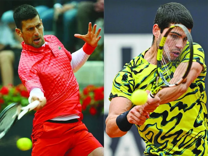 Serbia’s Novak Djokovic (left) returns to Denmark’s Holger Rune during their quarter-finals at the Rome Open on May 17, 2023 and Spain’s Carlos Alcaraz is seen in action against Hungary’s Fabian Marozsan during their third round match of the same event on May 15, 2023. Djokovic could face world number one Alcaraz in the semi-finals of the 2023 French Open after both players were placed in the same half of the draw in Paris yesterday. Djokovic is chasing a record 23rd men’s Grand Slam title in the absence of the injured Rafael Nadal, who will miss the tournament at Roland Garros for the first time since his 2005 
title-winning debut. (AFP)