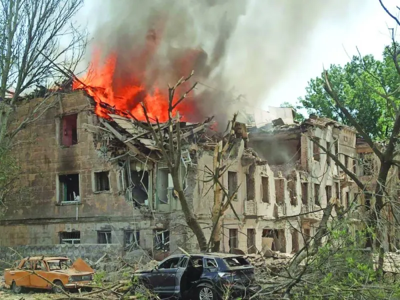 This handout photograph released on Friday by the Telegram account of Serhiy Lysak, the head of the Dnipropetrovks Regional Military Administration, shows the fire at a medical facility, the site of a missile strike, in the city of Dnipro, Ukraine.