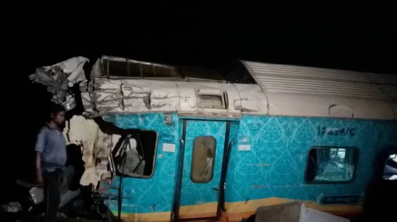 A view of a damaged compartment, following the deadly collision of two trains, in Balasore, India in this screen grab obtained from a video. ANI/Reuters TV via REUTERS.