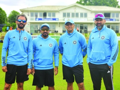 
India’s coach Rahul Dravid (second right) is seen with his backroom staff ahead of the World Test Championship final against Australia. 
 