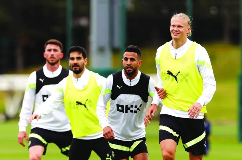 From right: Manchester City’s Erling Haaland, Riyad Mahrez, Ilkay Gundogan and Aymeric Laporte at a training session in Manchester on Tuesday. (Reuters)