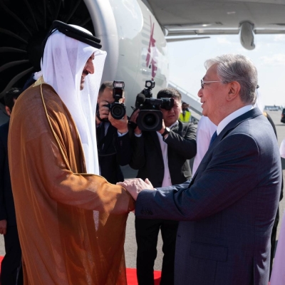 The President of the Republic of Kazakhstan Kassym-Jomart Tokayev welcomes His Highness the Amir Sheikh Tamim bin Hamad Al-Thani  upon his arrival at Astana International Airport.