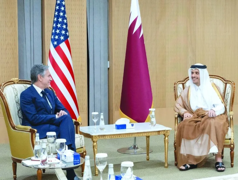 HE the Prime Minister and Minister of Foreign Affairs Sheikh Mohamed bin Abdulrahman bin Jassim al-Thani meets with US Secretary of State Antony Blinken.