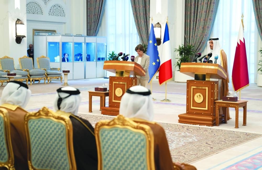 In a joint press conference with French Minister of Europe and Foreign Affairs Catherine Colonna in Doha, HE Prime Minister and Minister of Foreign Affairs Sheikh Mohammed bin Abdulrahman bin Jassim al-Thani expressed his happiness at the opening of the second Qatar-France strategic dialogue.
