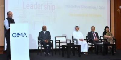 Dr Nizar Kochari (standing), founding president and chair of Qatar Indian Management Association, moderating the discussion during QIMA&#039;s &#039;Leadership Summit&#039; held recently. Joining him are (from left) P Suresh, former commander of the Indian Navy and managing director of Steel and Industrial Forgings; Ibrahim al-Jaidah, Group CEO & chief architect of Arab Engineering Bureau and IJAE; Shrinivas V Dempo, president of the All India Management Association (AIMA) and chairman of Dempo Group of Companies; and Rekha Sethi, director general of AIMA. PICTURE: Thajudheen