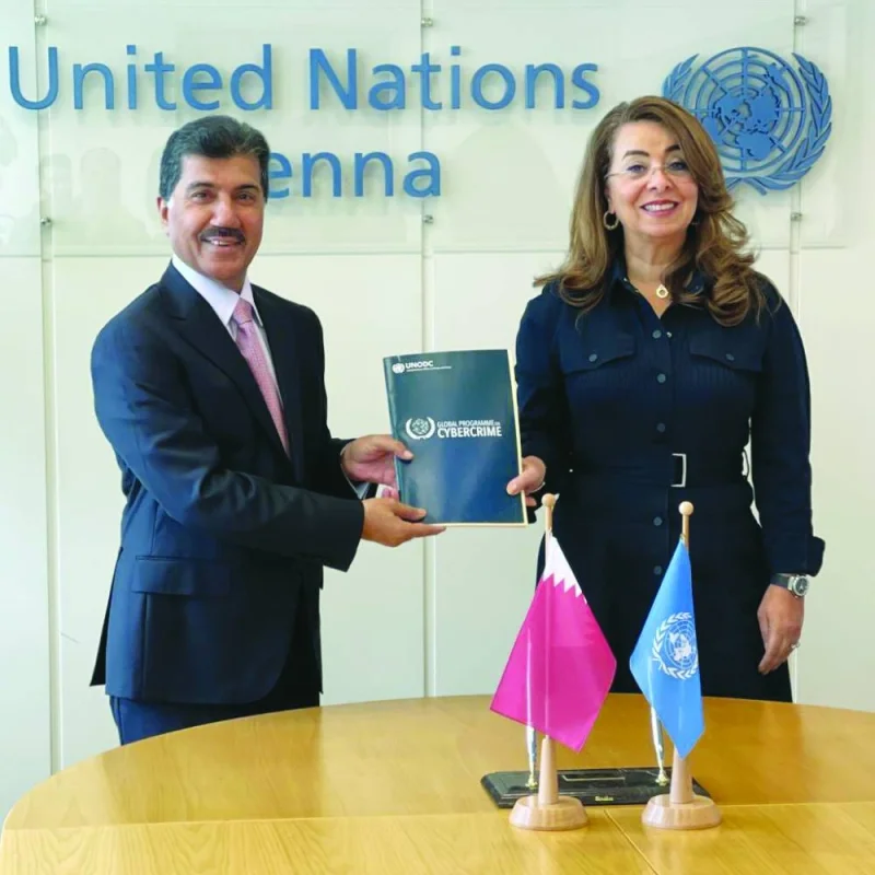 HE Secretary-General of the Ministry of Foreign Affairs Dr Ahmed bin Hassan al-Hammadi and Executive Director of the UN Office on Drugs and Crime Ghada Wali at the signing ceremony.