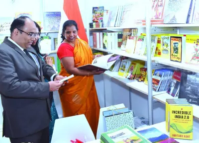 Indian embassy charge d&#039;affaires Angeline Premalatha along with diplomats from the mission at the Indian booth at the DIBF. PICTURE: Thajudheen.