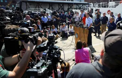 Rear Admiral John Mauger, the First Coast Guard District commander, speaks during a press conference updating about the search of the missing OceanGate Expeditions submersible. REUTERS/Brian Snyder   