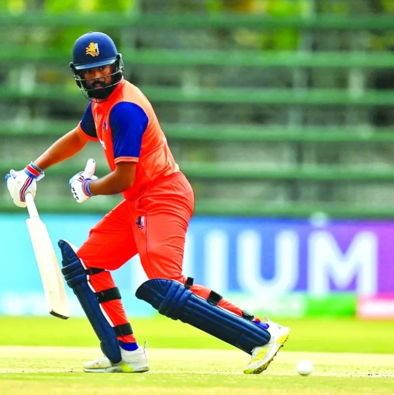 Vikramjit Singh of the Netherlands during his century against Oman in their ICC World Cup 2023 qualifier in Harare, Zimbabwe, on Monday.